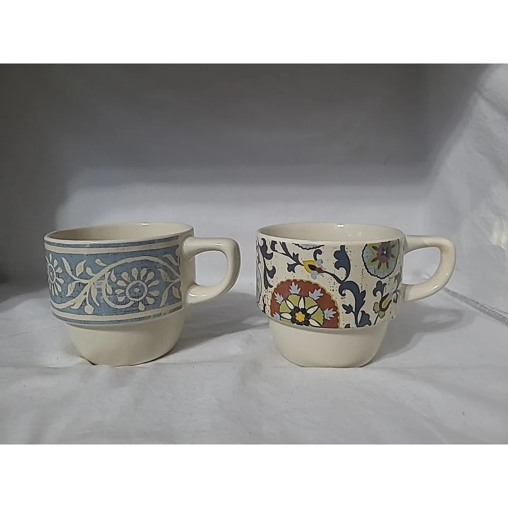 Pier 1 Stacking Scroll Stoneware Coffee Tea Mugs Set of 2